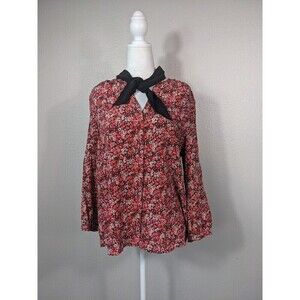 Joie Women's 100% Silk Blouse Red Black Floral S Removable Scarf Tie N36